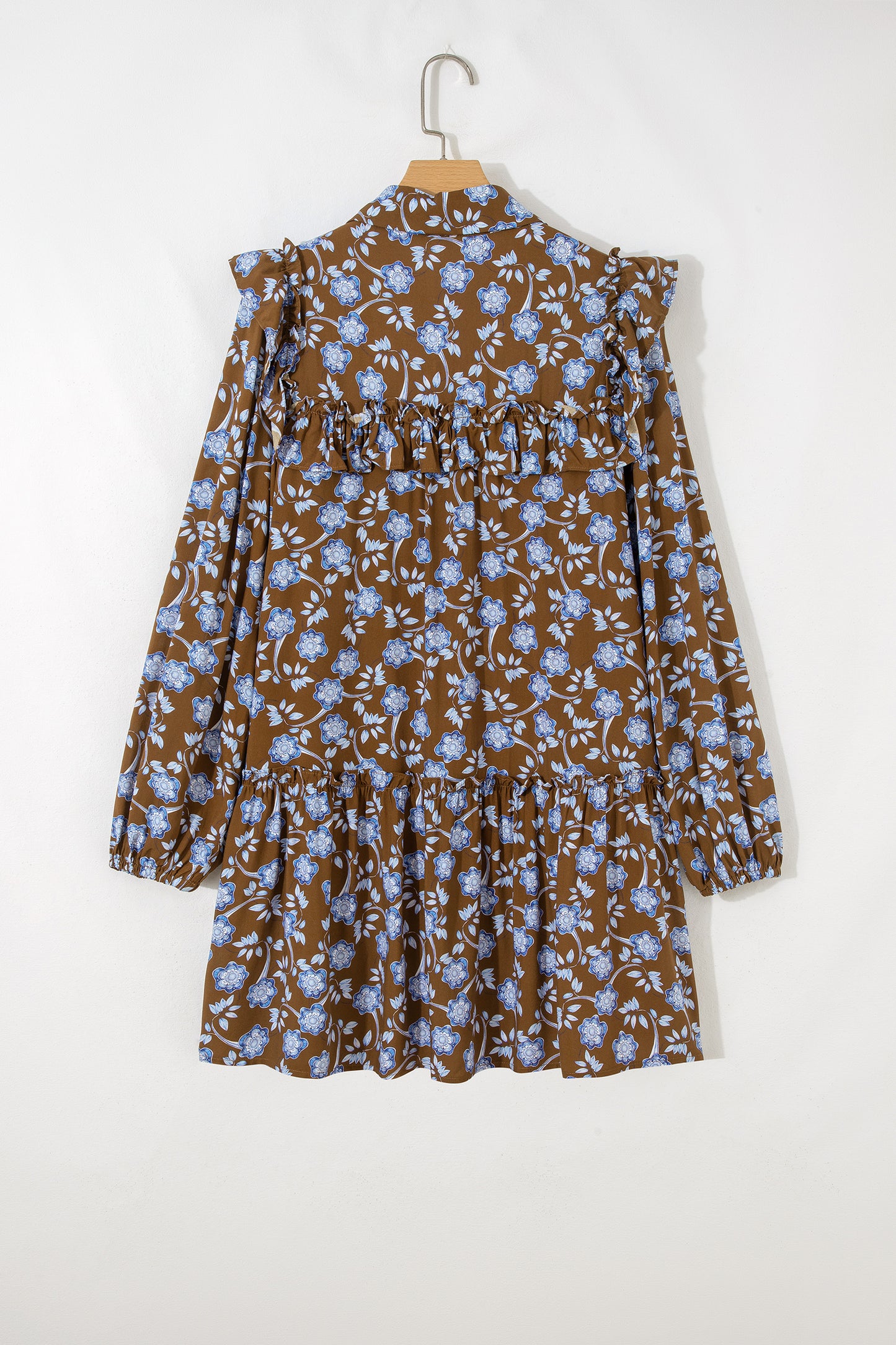 Floral Ruffle Shirt Collar Buttoned Long Sleeve Dress