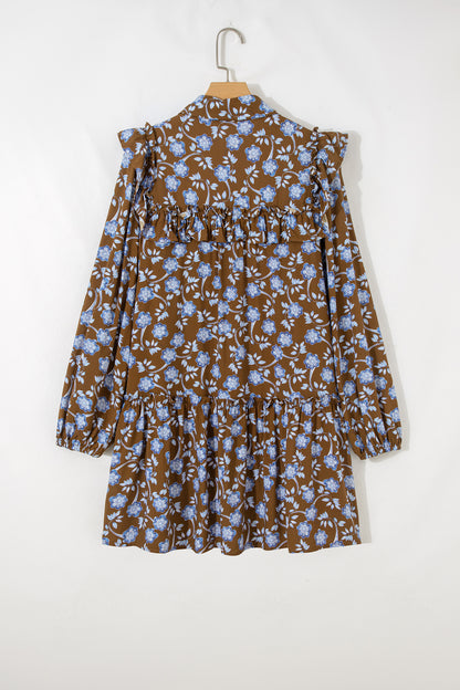 Floral Ruffle Shirt Collar Buttoned Long Sleeve Dress