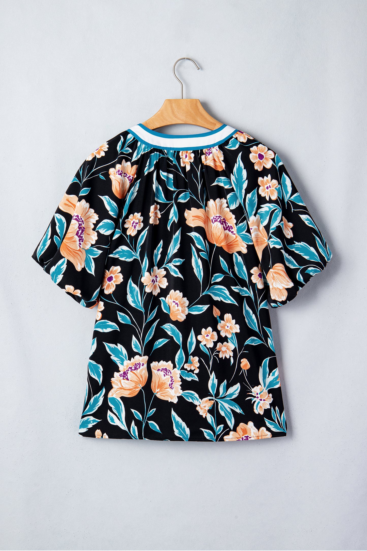 Floral Bubble Sleeve Buttoned Notch Neck Blouse