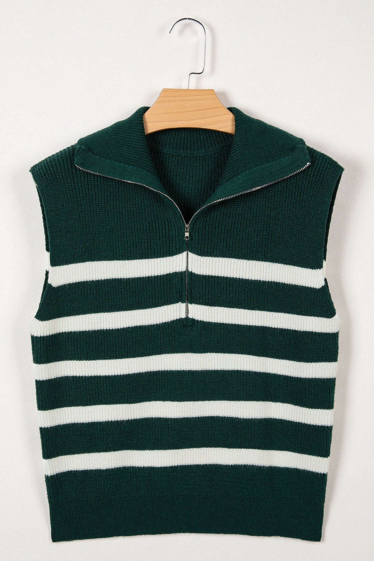 Stripe Ribbed Half-Zip Collar Sleeveless Sweater