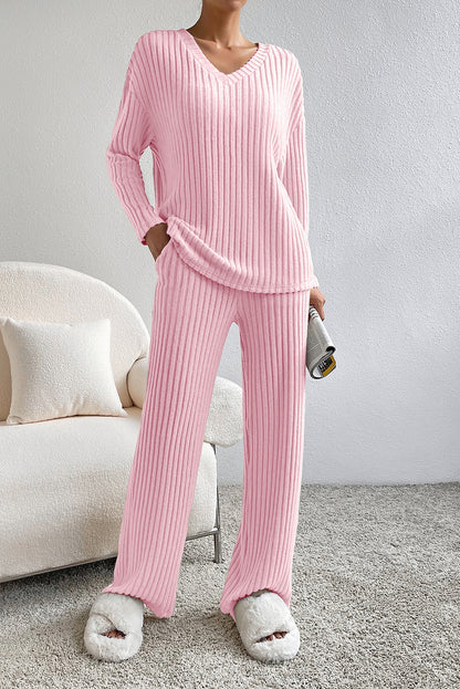 Ribbed V-Neck Top and Pants Set