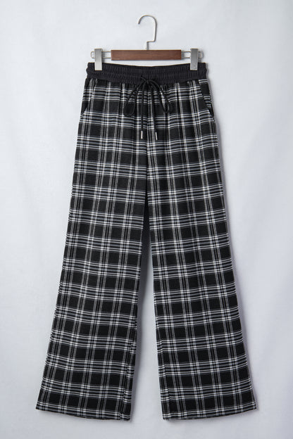 Plaid Frenchy Contrast Drawstring Waist Wide Leg Pants