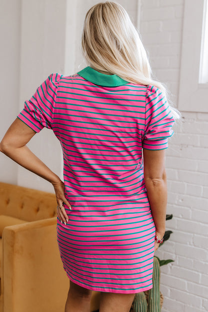 Stripe Collared V-Neck Puff Sleeve T-Shirt Dress