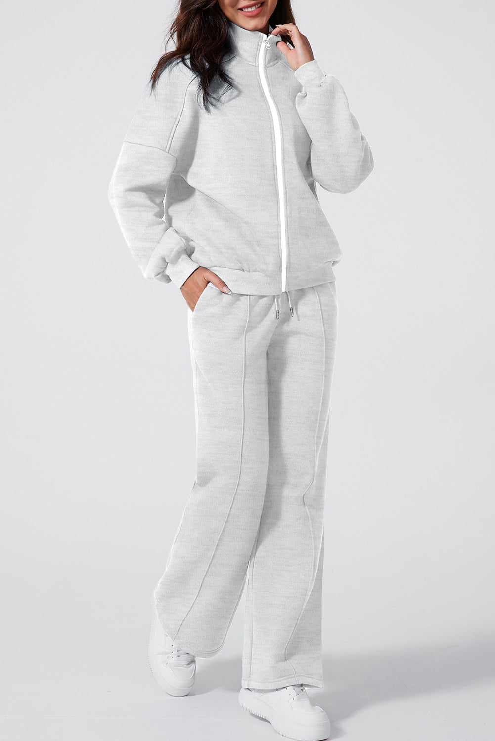 Solid Zip-Up Jacket and Drawstring Pants Set