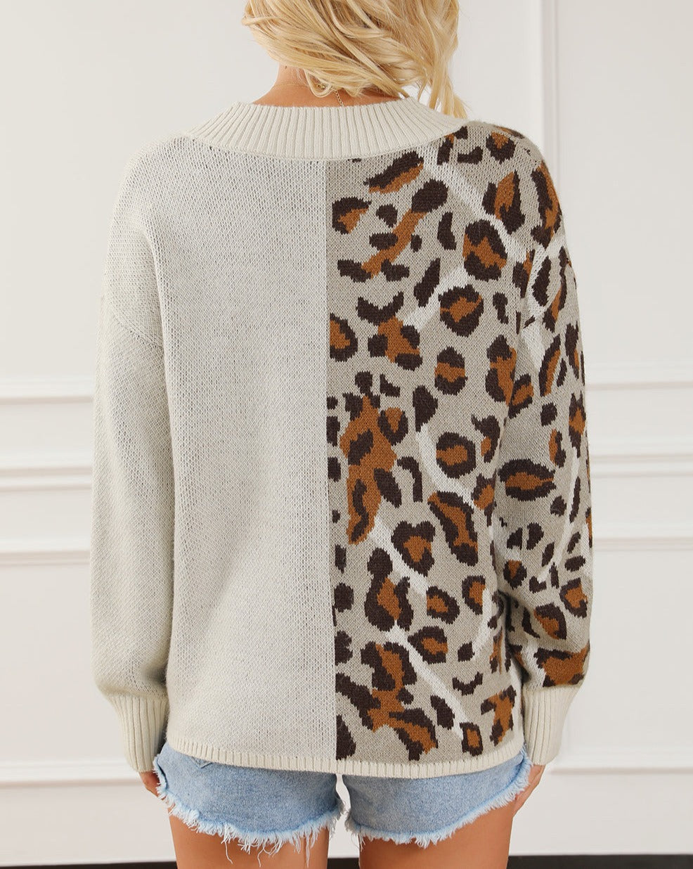 Leopard Colorblock V Neck Knit Sweater