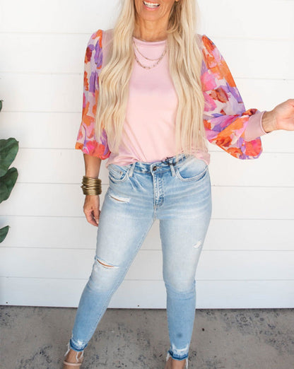 Floral Patchwork Crew Neck Blouse