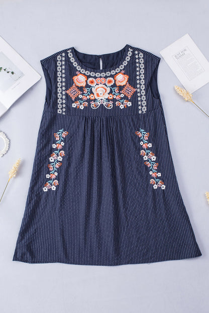 Stripe Embroidered Sleeveless Mini Dress