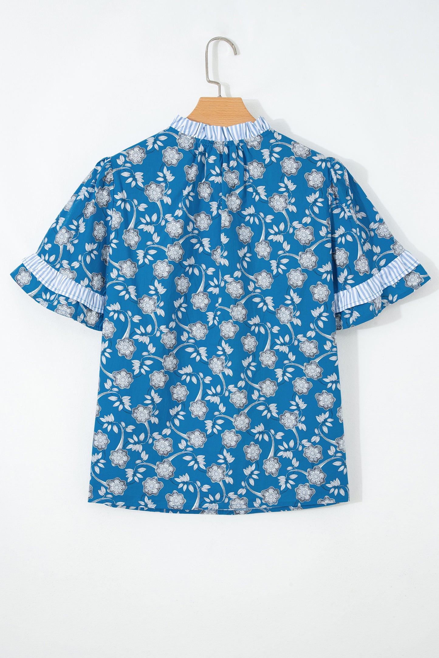 Floral Stripe Trim Tie-Neck Short Sleeve Blouse