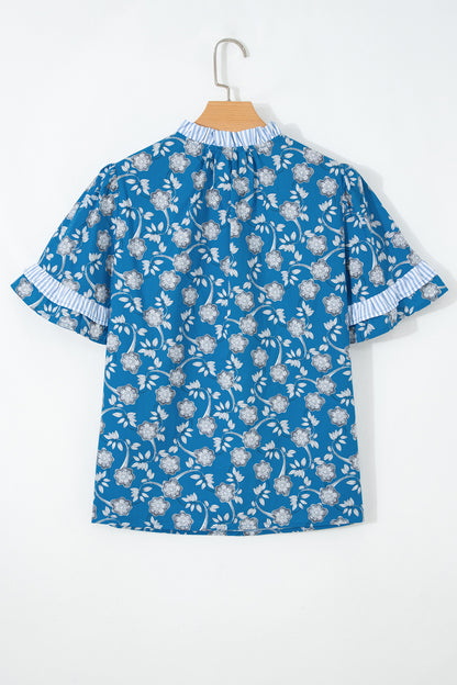 Floral Stripe Trim Tie-Neck Short Sleeve Blouse