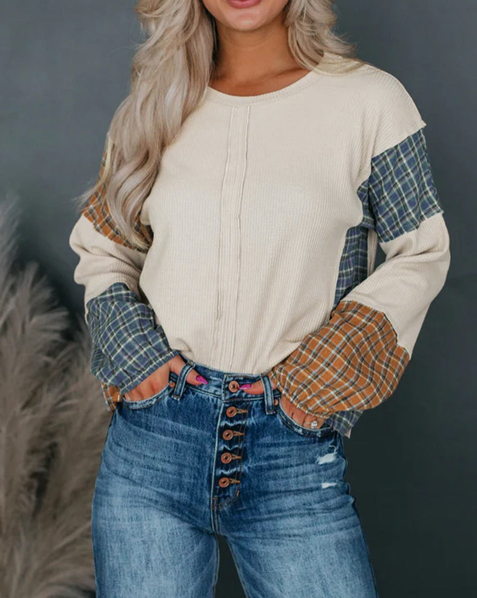 Plaid Colorblock Raw Seam Top