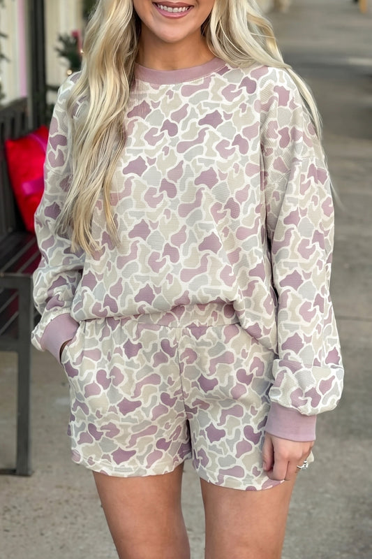 Camo Waffle Knit Long Sleeve Top & Shorts Set