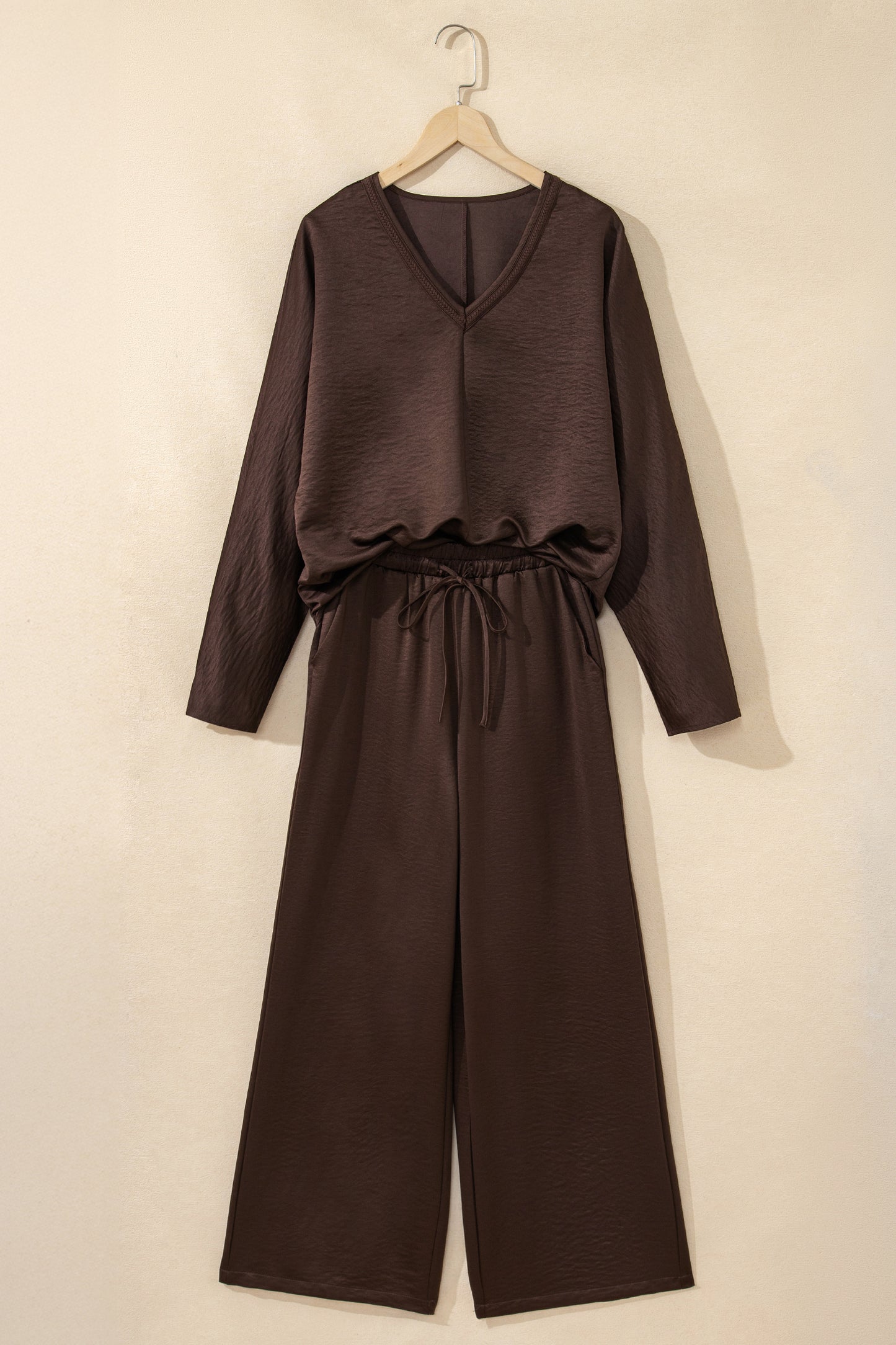 Solid Braided V-Neck Long Sleeve Top & Pants Set