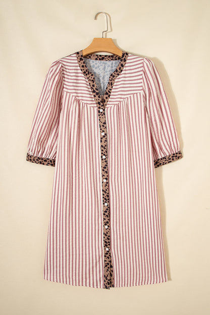 Stripe Leopard Trim 3/4 Sleeve Shirt Dress