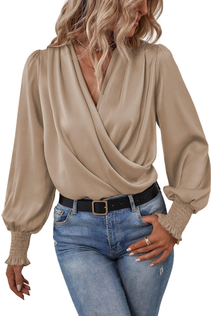 Draped V-Neck Long Sleeve Blouse