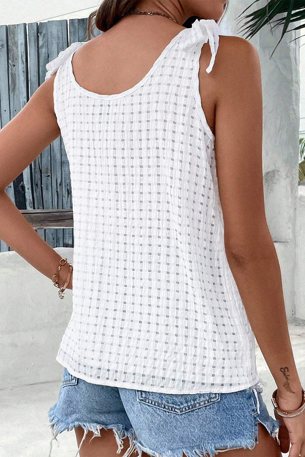 Gingham Bow Shoulder Tank Top