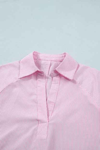 Stripe Tied Short Sleeve Collared Blouse
