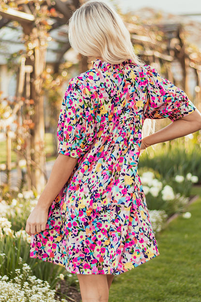 Floral V-Neck Puff Sleeve Mini Dress