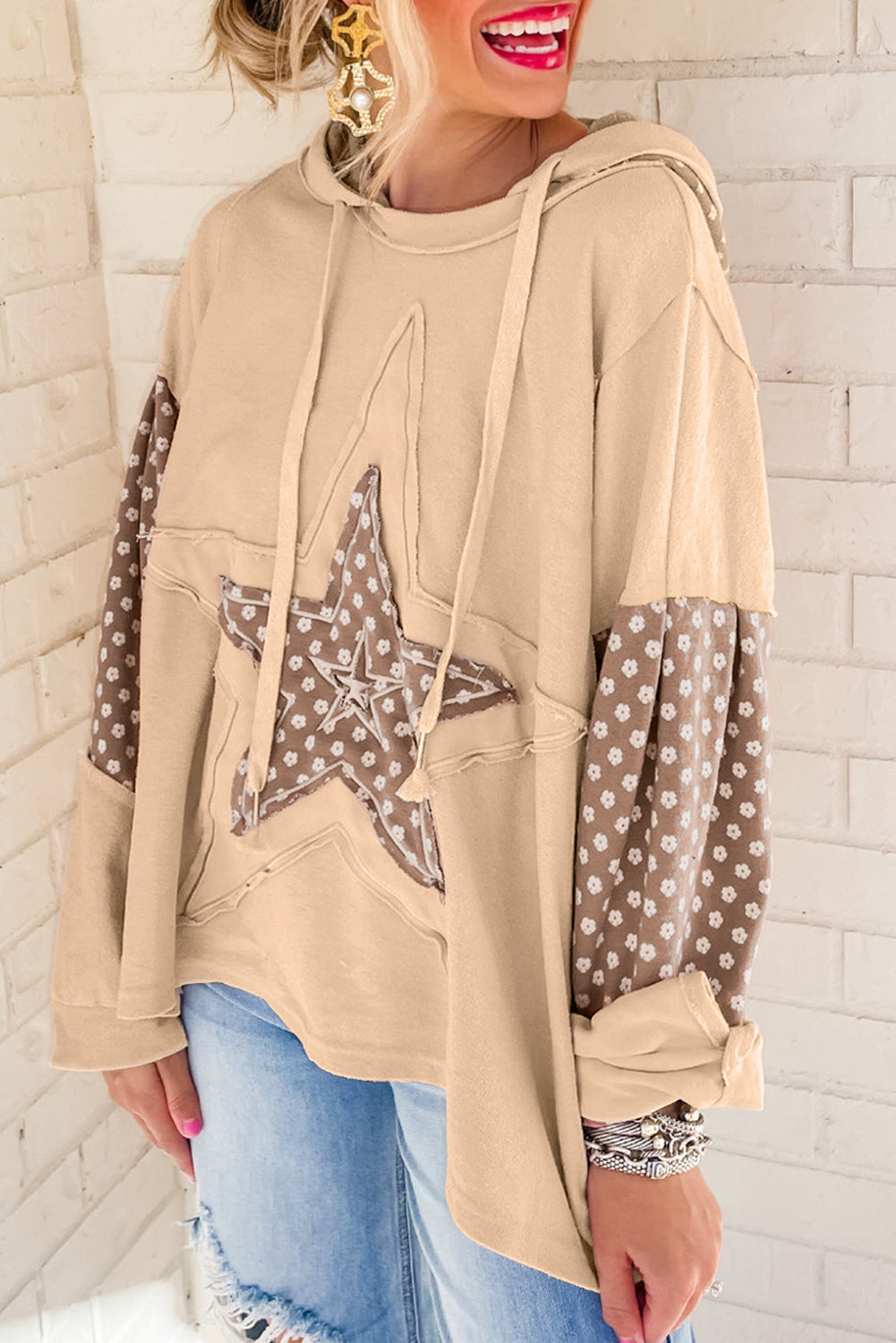 Floral Patchwork Star Drawstring Hoodie