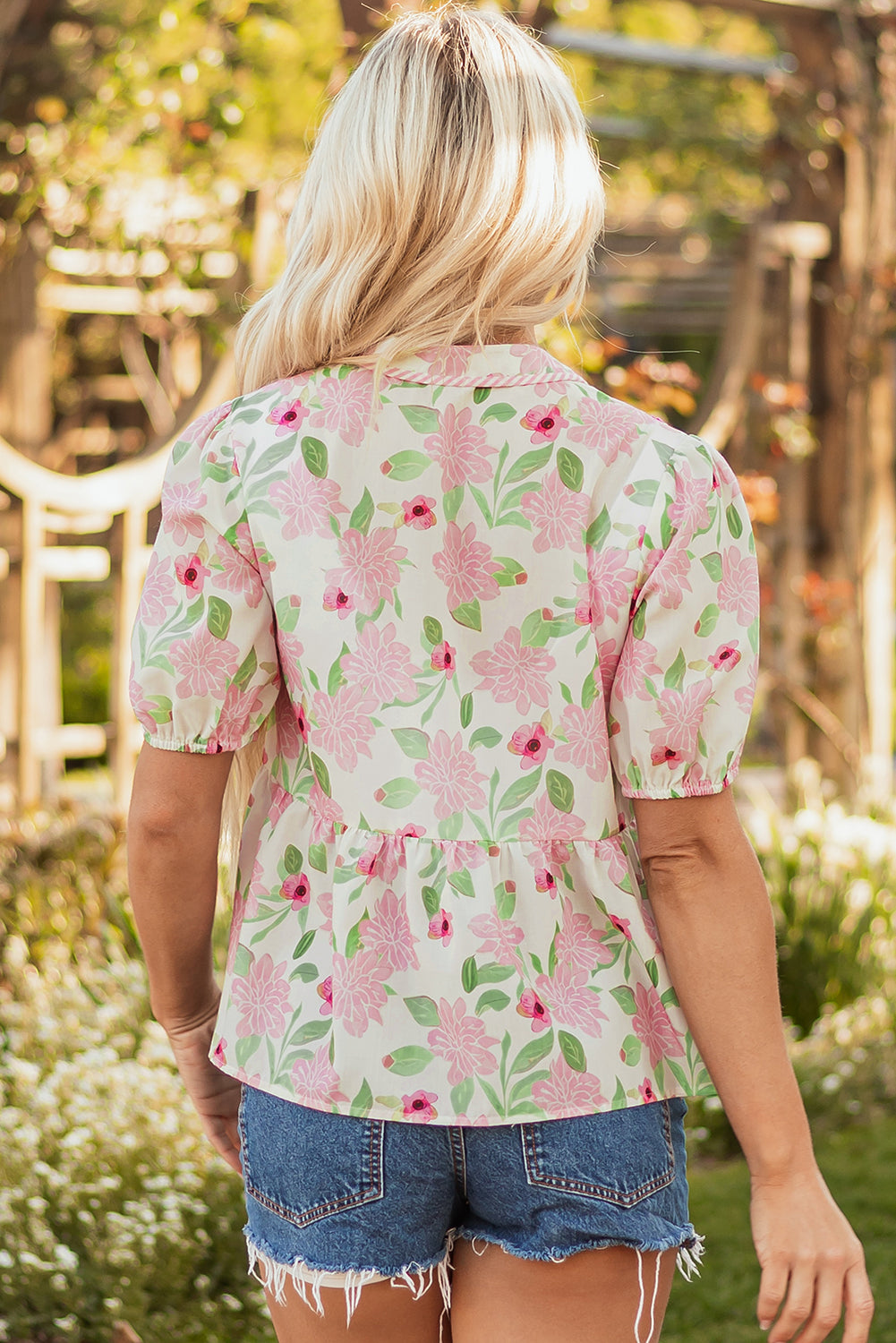 Floral V-Neck Puff Sleeve Peplum Blouse