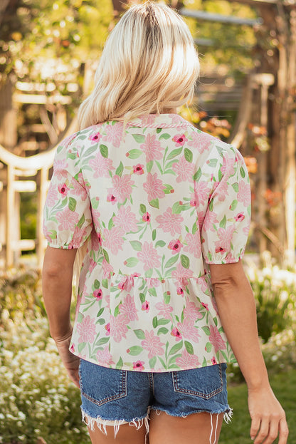 Floral V-Neck Puff Sleeve Peplum Blouse