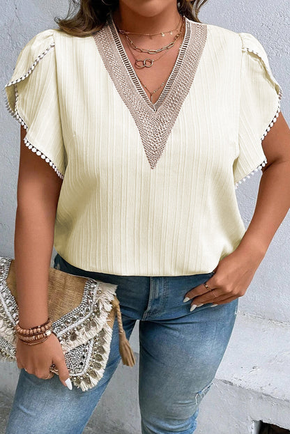 Lace V-Neck Petal Sleeve Blouse Plus Size