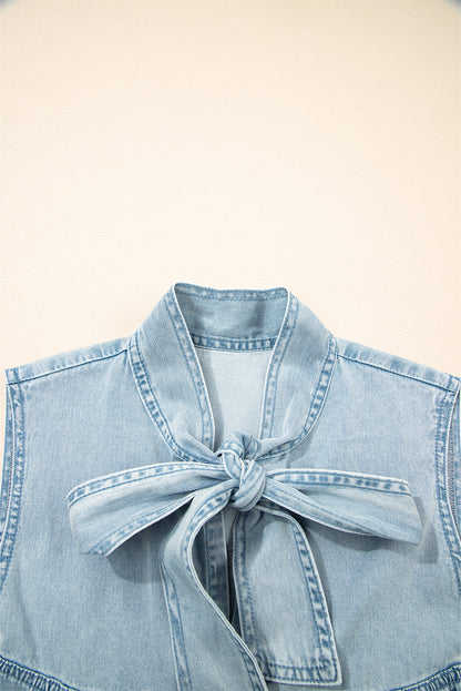Chambray Bow Neck Sleeveless Ruffle Dress