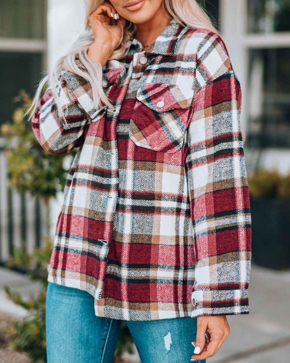 Plaid Button Front Pocketed Shacket