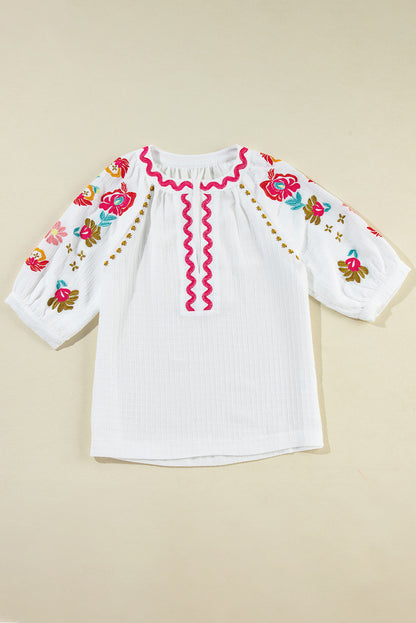 Floral Embroidered Puff Sleeve Blouse