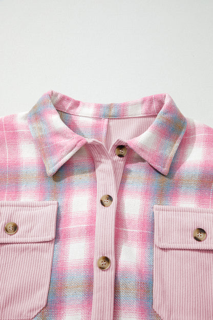 Plaid Corduroy Patchwork Flap Pocket Shacket
