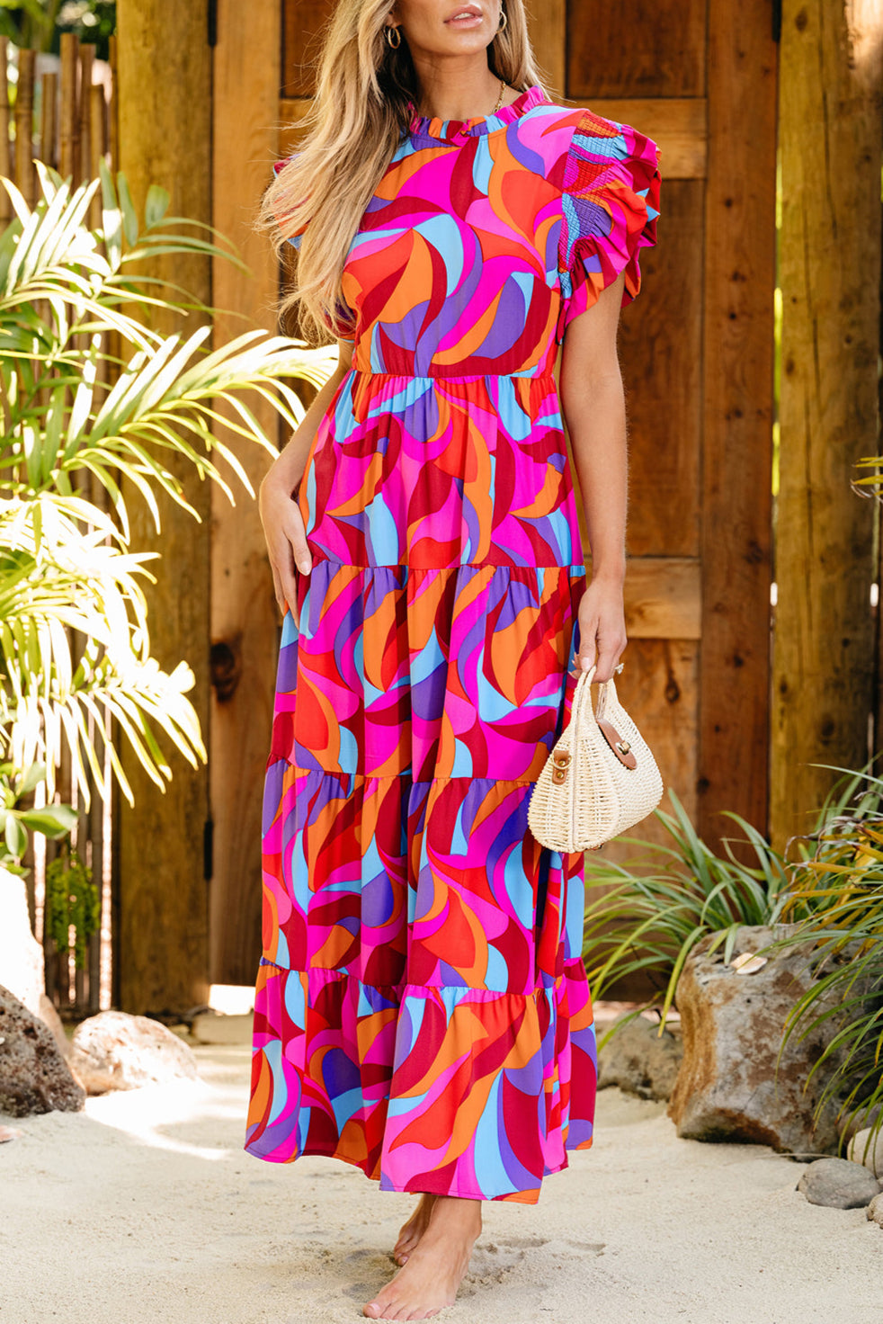 Abstract Ruffle Tiered Maxi Dress