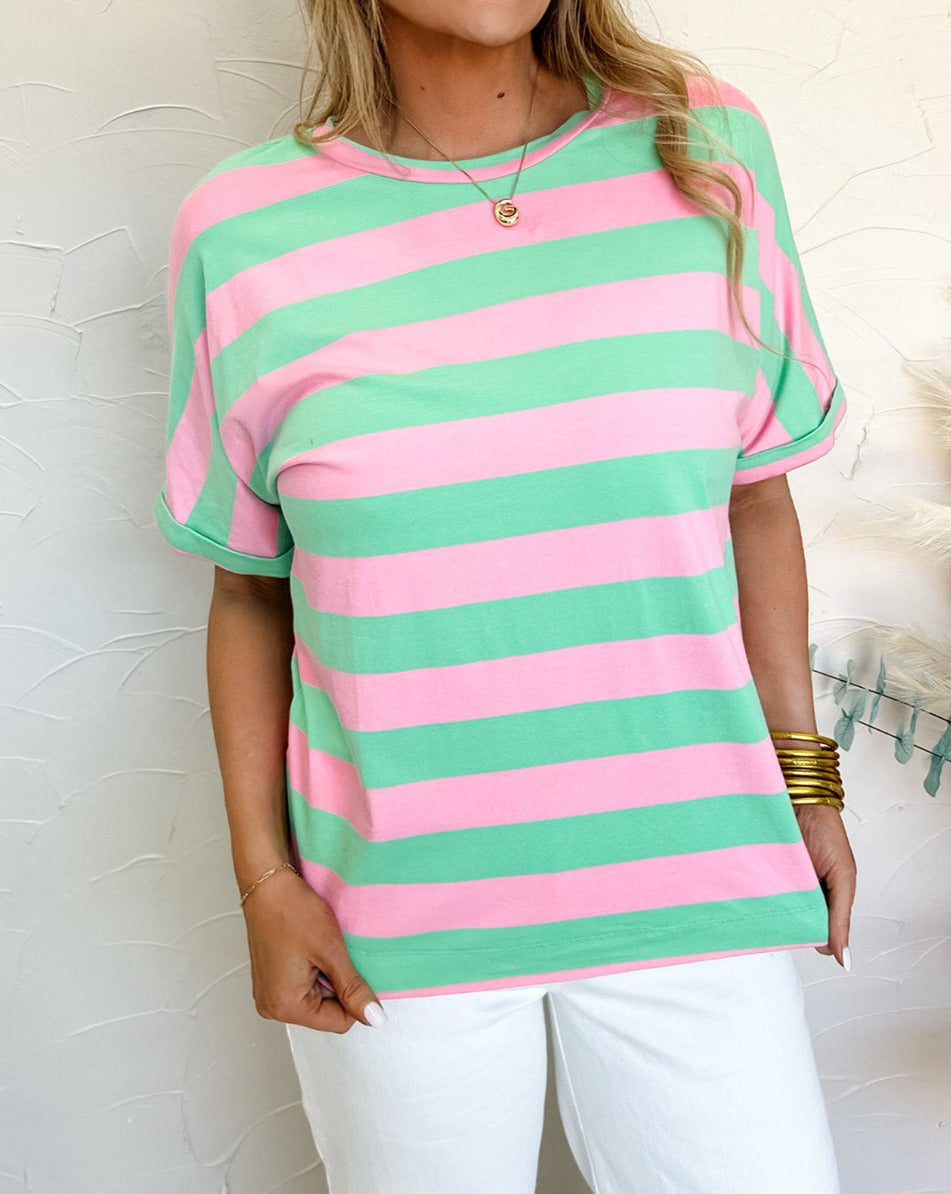 Stripe Colorblock Cuff Sleeve Tee