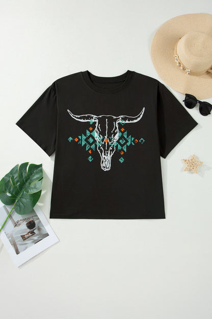 Plus Size Western Aztec Bull Skull T-Shirt