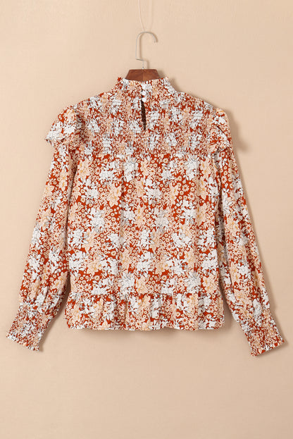 Floral Ruffle Smocked Turtleneck Blouse