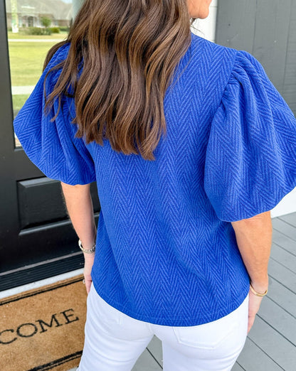 Herringbone Textured Puff Sleeve Blouse