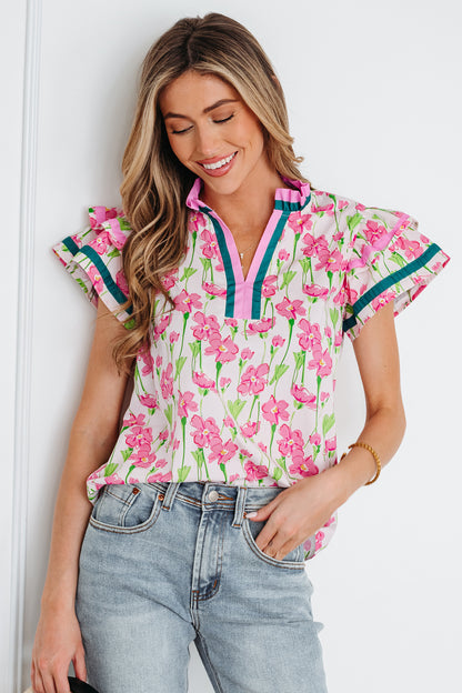 Floral Contrast Trim V-Neck Ruffle Short Sleeve Blouse