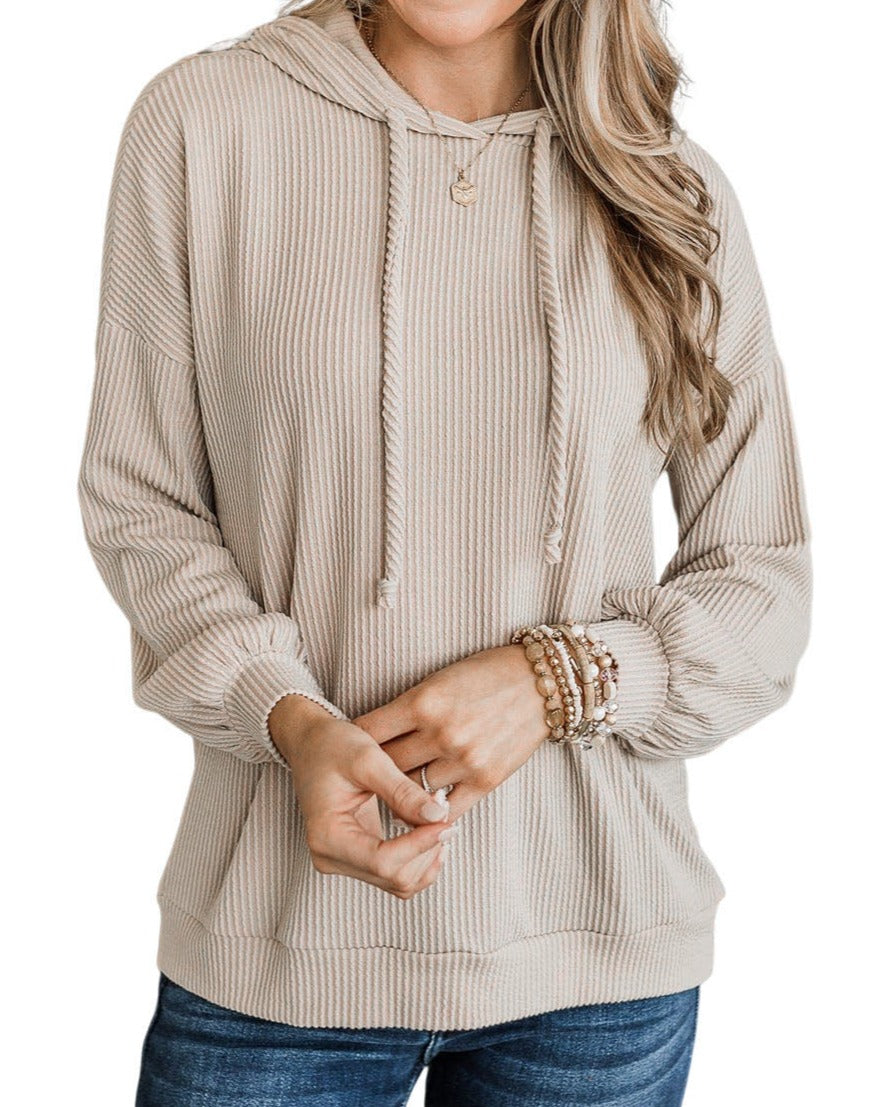 Ribbed Drop Shoulder Drawstring Hoodie