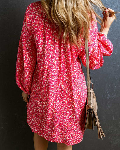 Floral Bubble Sleeve V-Neck Dress