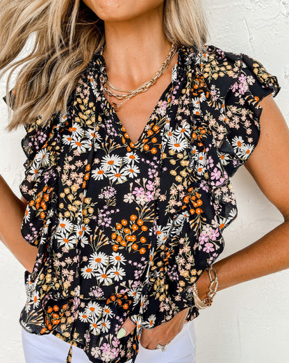 Floral Ruffle Tied Split Neck Blouse