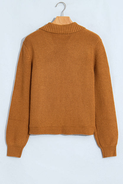 Solid Ribbed Knit Collared Button Front Cardigan