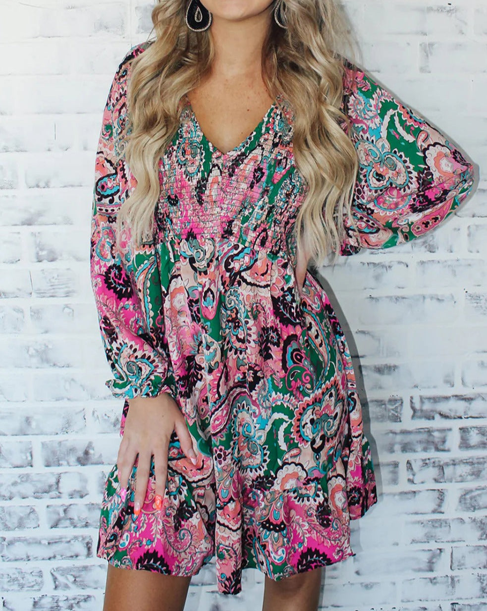 Paisley Ruffle Long Sleeve Dress