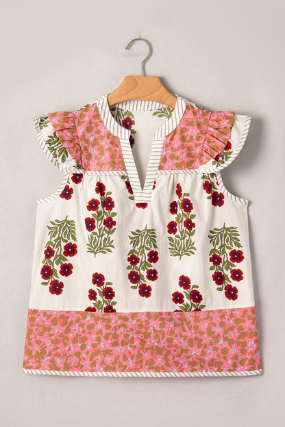 Floral Contrast Stripe Trim Flutter Sleeve Blouse