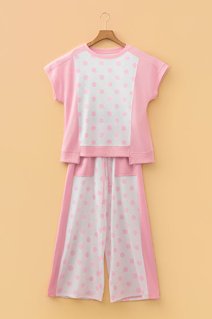 Polka Dot Patchwork Top & Wide Leg Pants Set