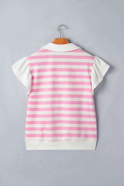Stripe Collar V-Neck Ruffle Short Sleeve Blouse