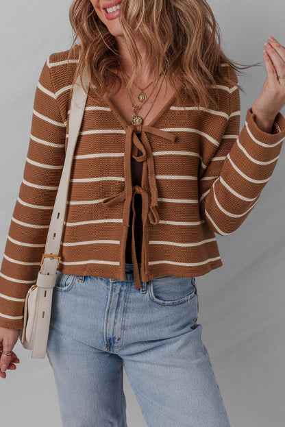 Stripe Tie-Front V-Neck Cardigan Sweater