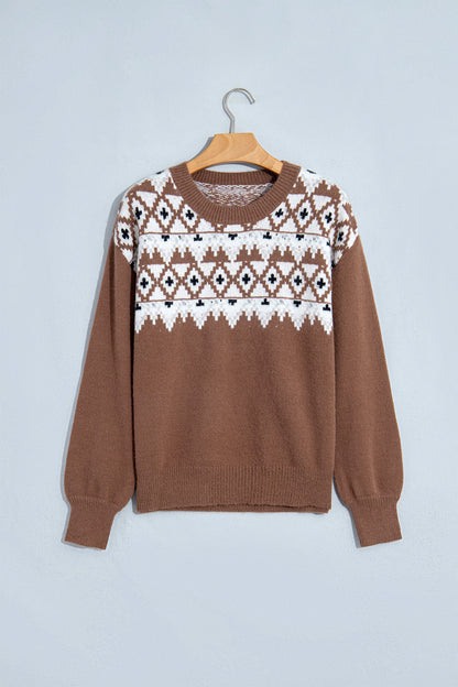 Geometric Fair Isle Drop Shoulder Pullover Sweater