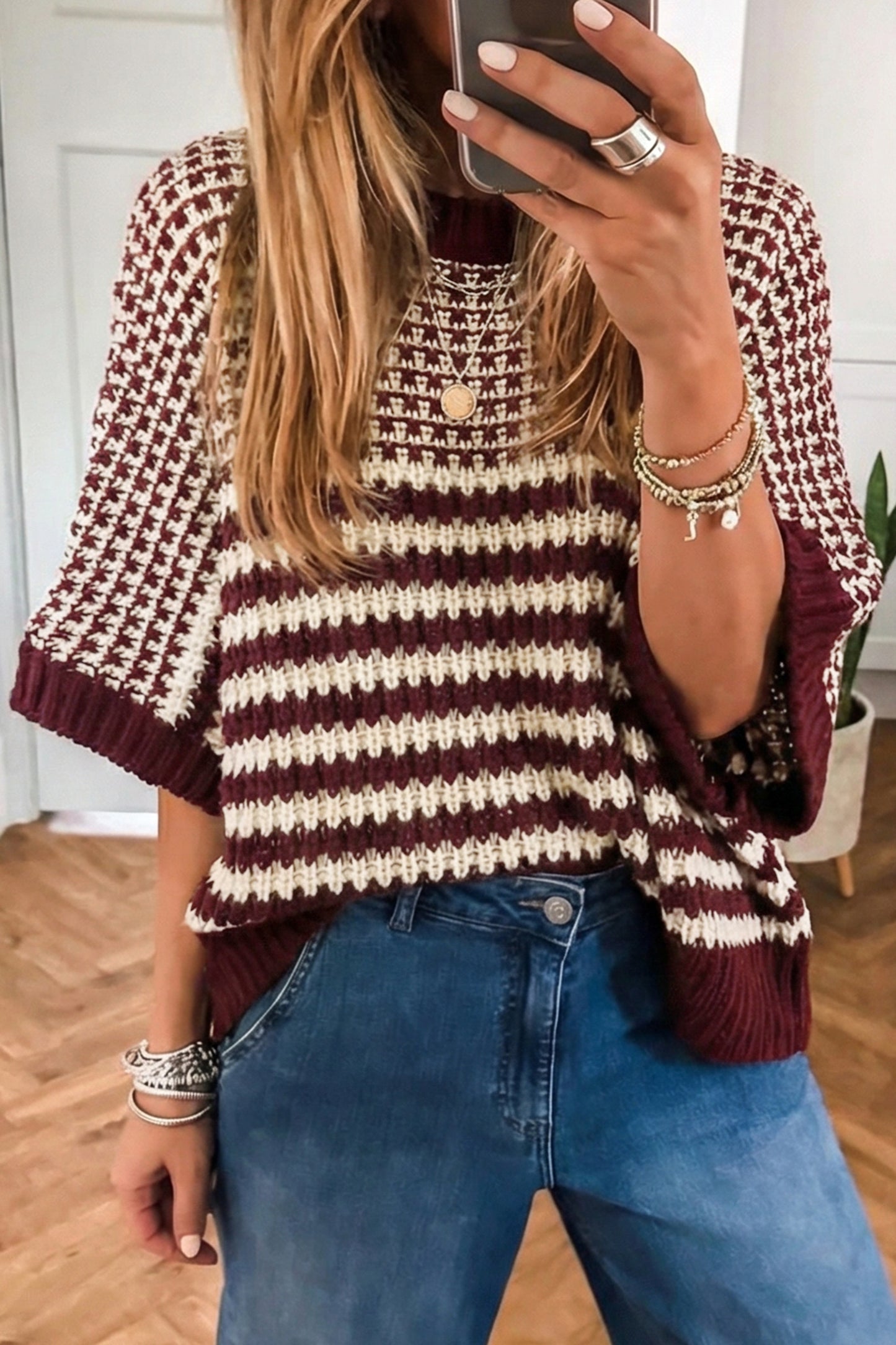 Stripe Draped 3/4 Sleeve Slouchy Sweater