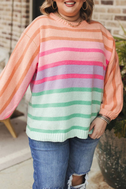 Stripe Colorblock Balloon Sleeve Sweater Plus Size