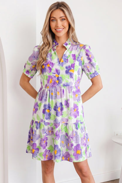 Floral Collared V-Neck Tiered Ruffle Mini Dress