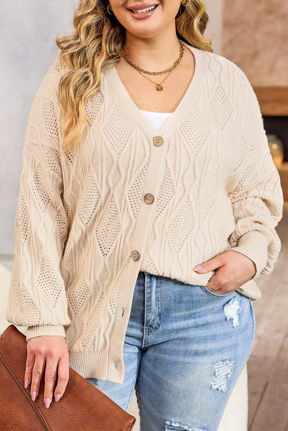 Plus Size Cable Knit Buttoned V-Neck Cardigan