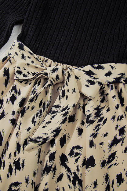 Leopard Patchwork Ribbed Knit Belted Dress